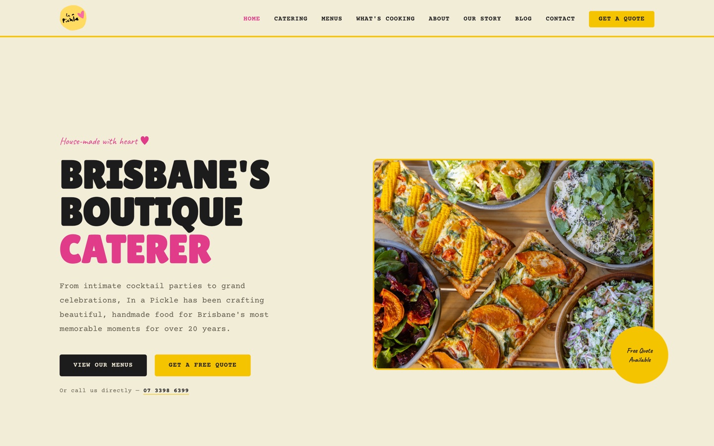 Homepage of the In a Pickle catering website